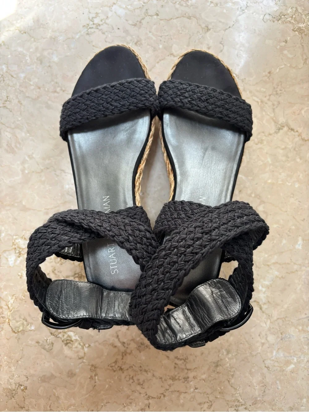 Stuart Weitzman Alexlo Crochet Black Wedge Ankle Wrap Espadrille Sandals, Size 8